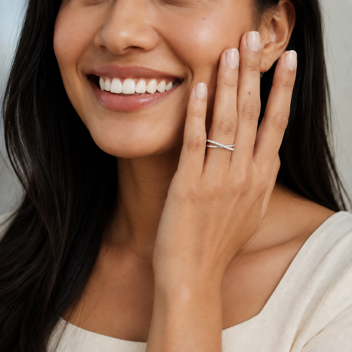 Aster Luxe Crossover Lab-Grown Diamond Ring in Platinum, worn on hand