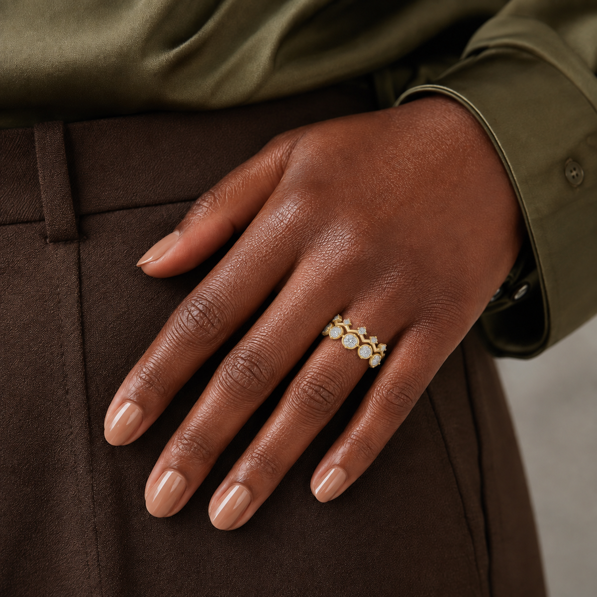 Maren Toi Et Moi Crowned Duo Stackable Half Eternity Lab-Grown Diamond Band in 14K Yellow Gold, worn on hand