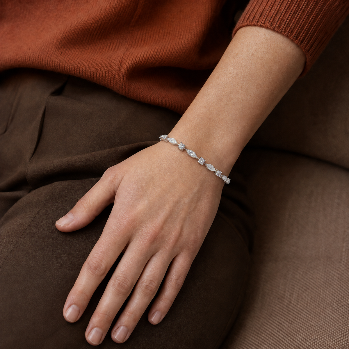 Aurelia Multi Shape Lab-Grown Diamond Tennis Bracelet in Platinum, worn on wrist