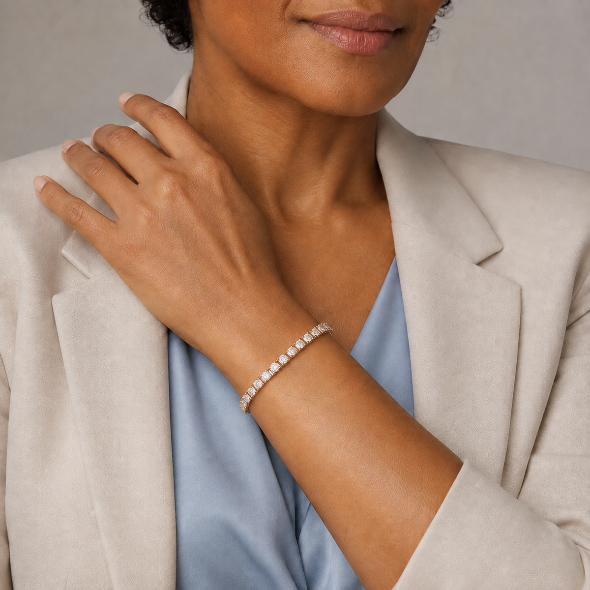 Paloma Brilliant Box Link Lab-Grown Diamond Tennis Bracelet in 14K Rose Gold, worn on wrist