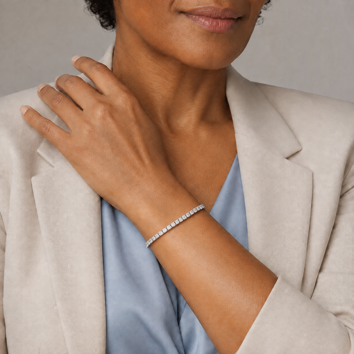 Soleia Four-Prong Brilliant Lab-Grown Diamond Tennis Bracelet in 18K White Gold, worn on wrist