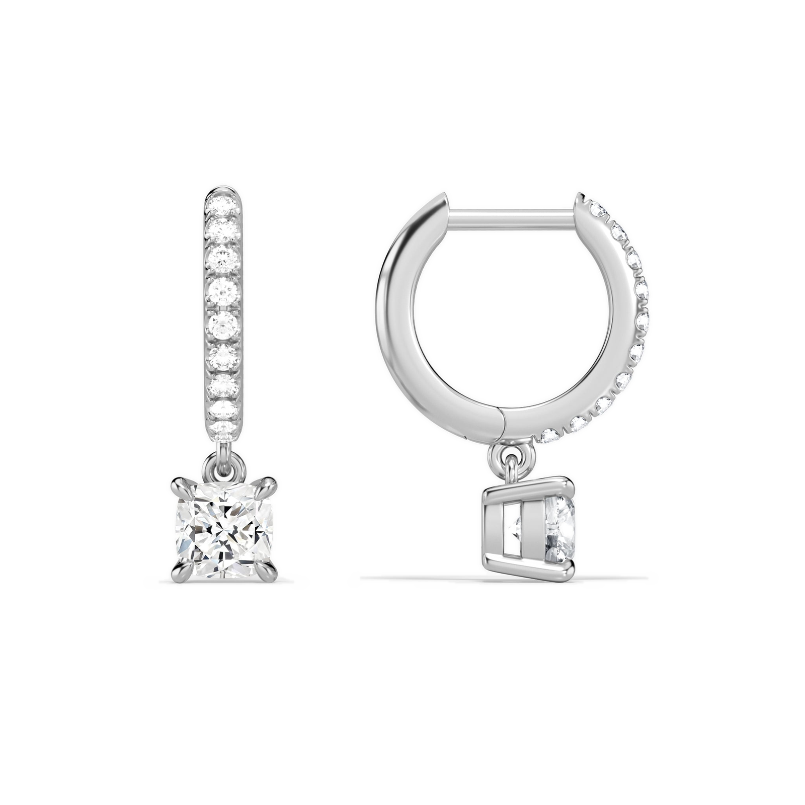 Fiorella Cushion Accented Drop Huggie Hoop Diamond Earrings in 14K White Gold second product view