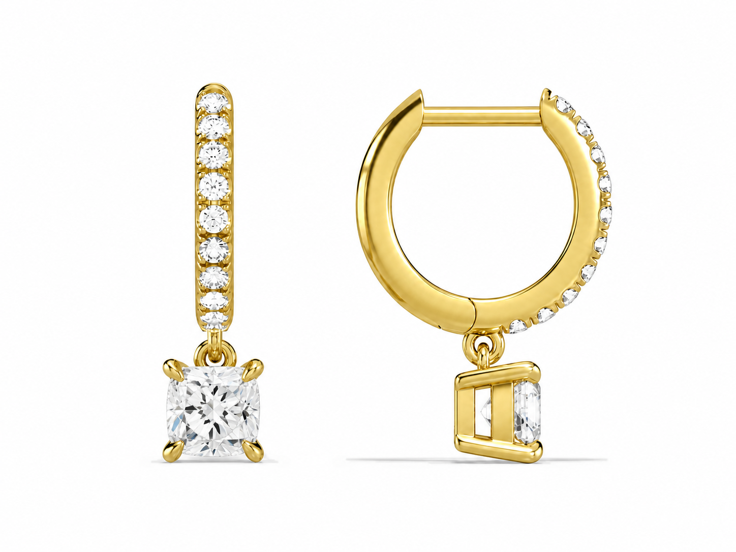 Fiorella Cushion Accented Drop Huggie Hoop Diamond Earrings in 14K Yellow Gold second product view