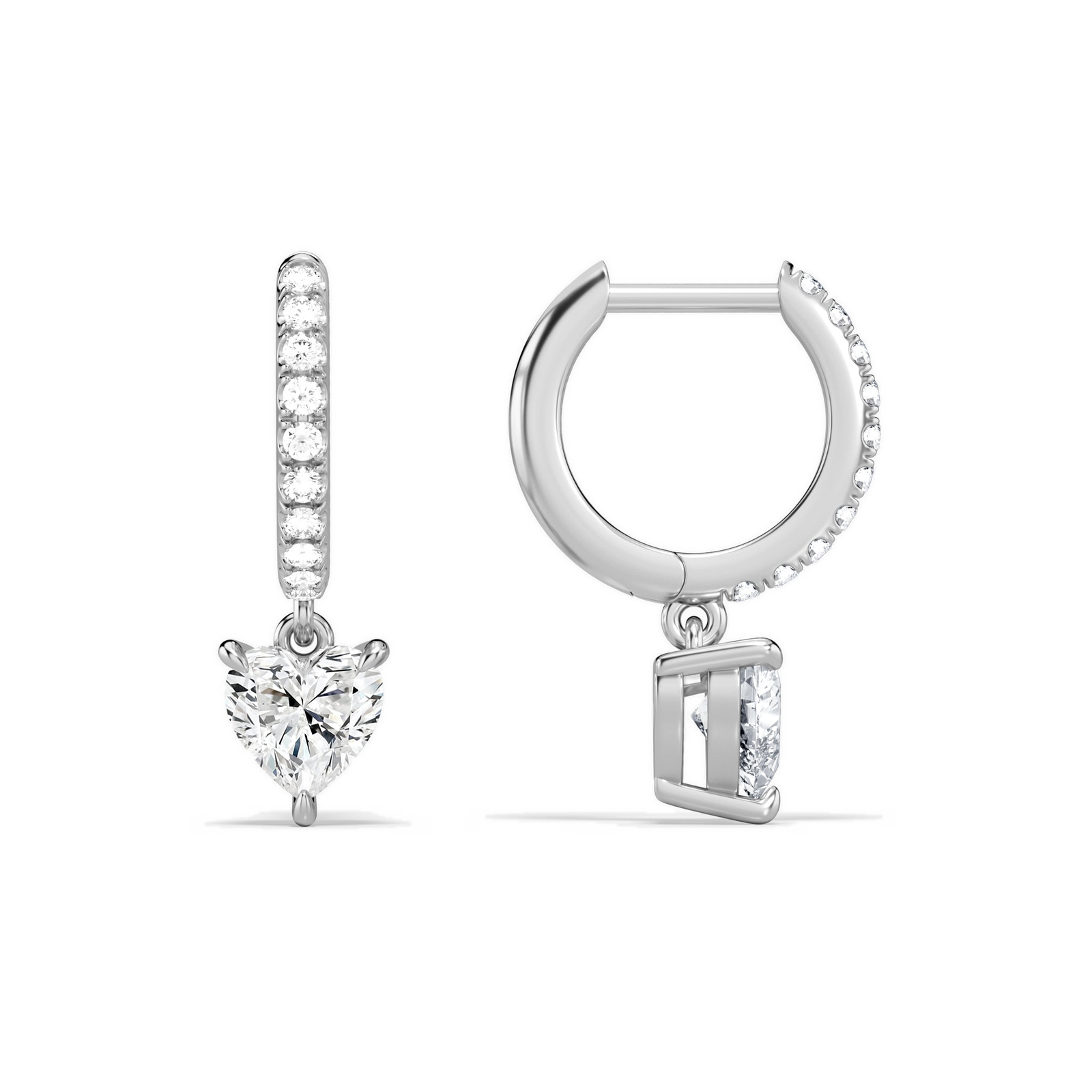 Fiorella Heart Accented Drop Huggie Hoop Diamond Earrings in 14K White Gold second product view