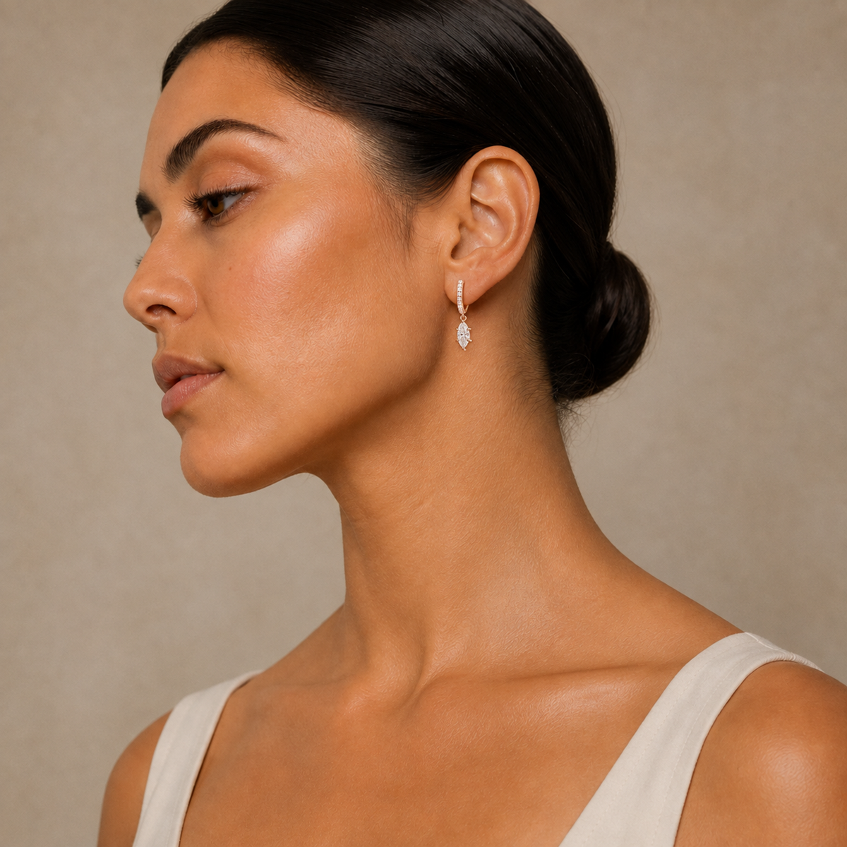 Fiorella Marquise Accented Drop Huggie Hoop Lab-Grown Diamond Earrings in 14K Rose Gold, worn on ear