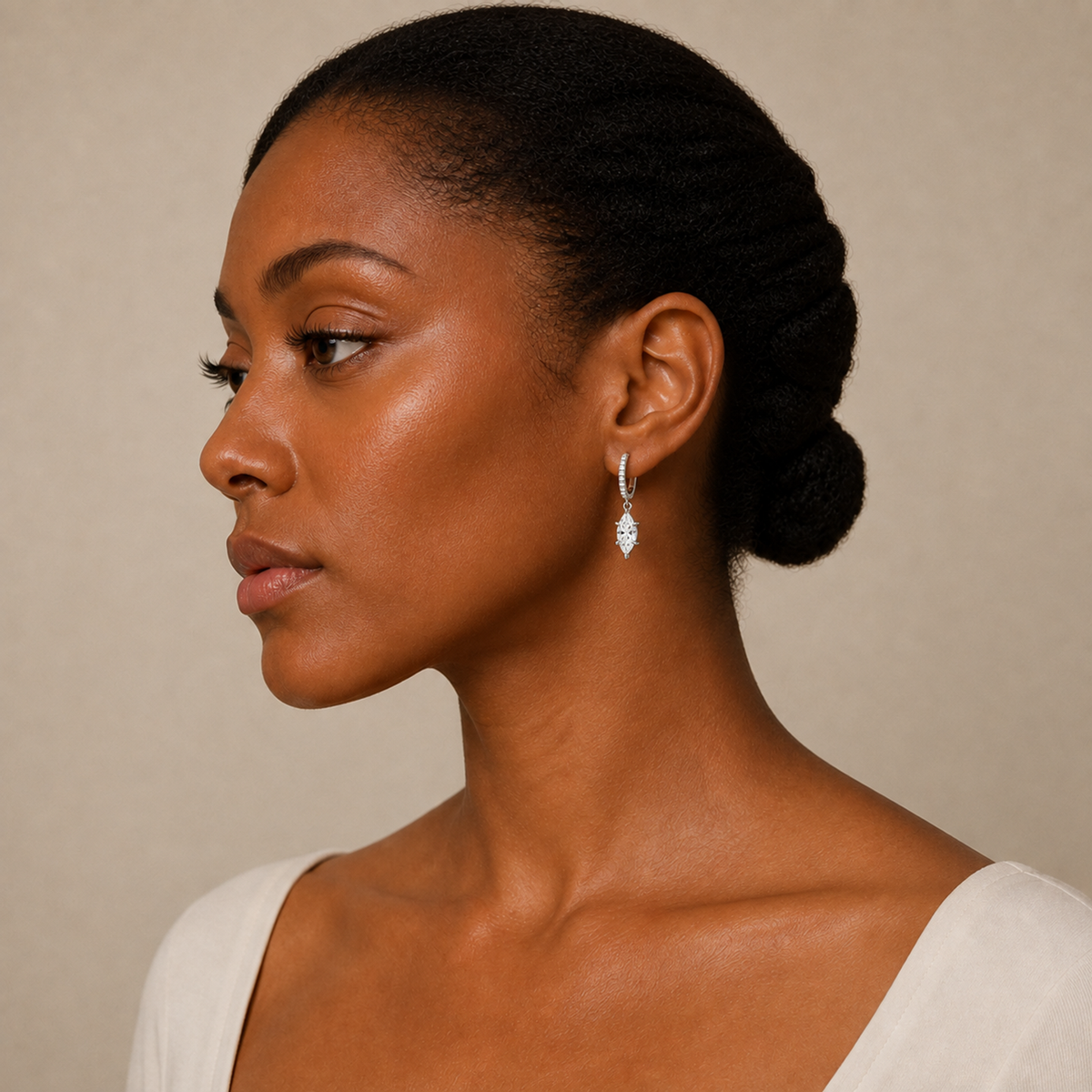 Fiorella Marquise Accented Drop Huggie Hoop Lab-Grown Diamond Earrings in 14K White Gold, worn on ear