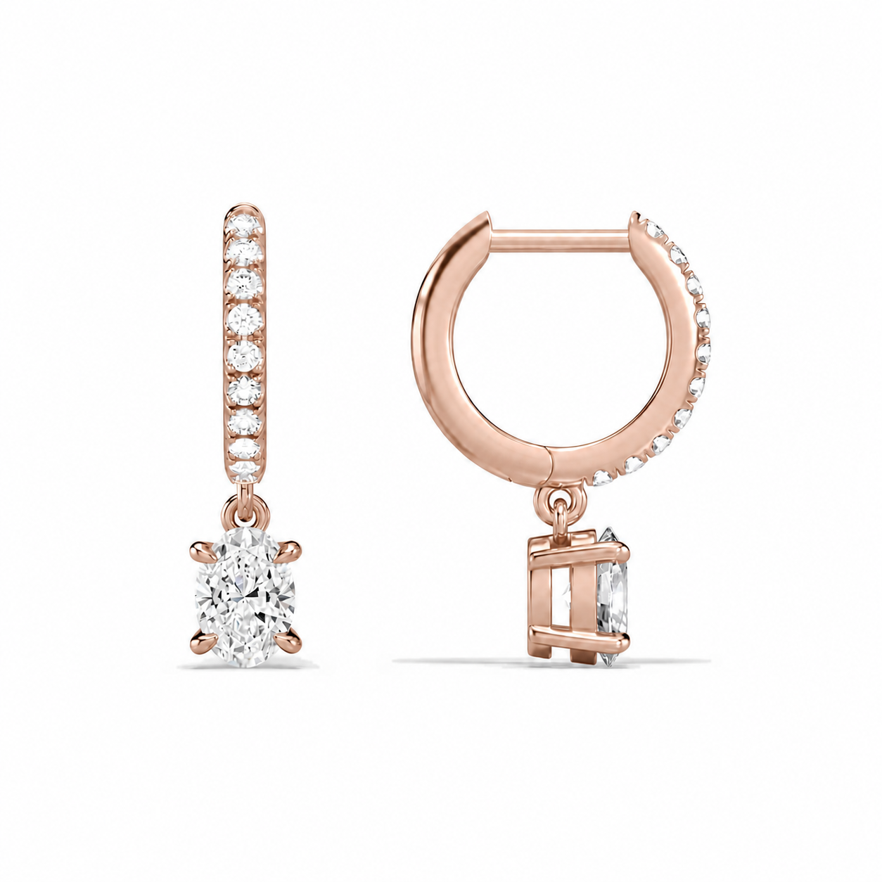 Fiorella Oval Accented Drop Huggie Hoop Diamond Earrings in 14K Rose Gold second product view