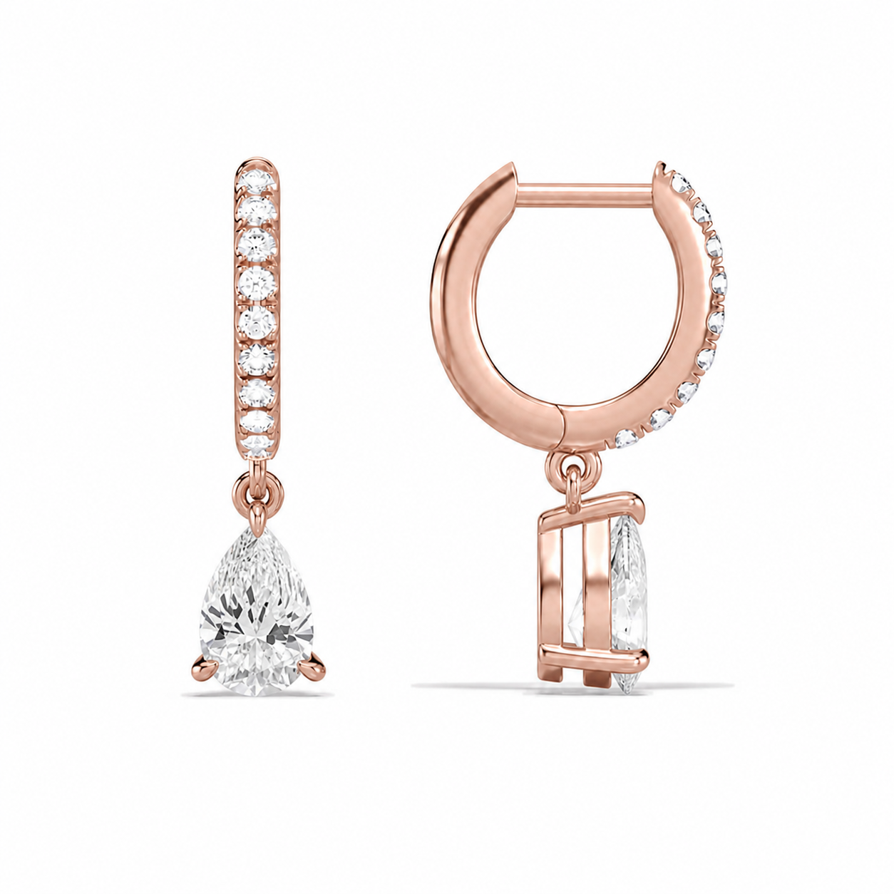 Fiorella Pear Accented Drop Huggie Hoop Diamond Earrings in 14K Rose Gold second product view