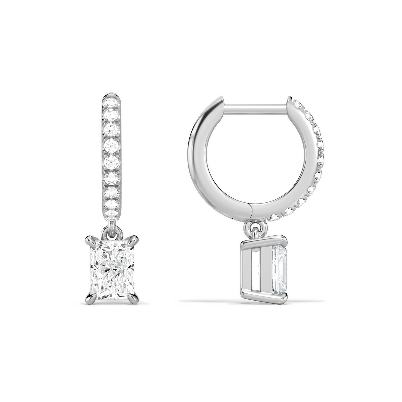 Fiorella Radiant Accented Drop Huggie Hoop Diamond Earrings in 14K White Gold second product view