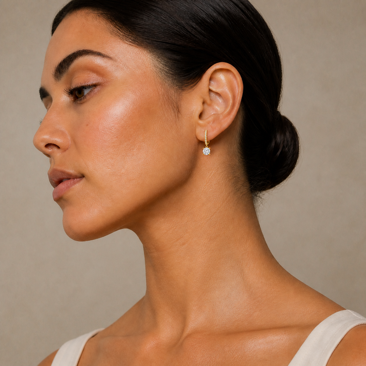 Fiorella Round Accented Drop Huggie Hoop Lab-Grown Diamond Earrings in 14K Yellow Gold, worn on ear