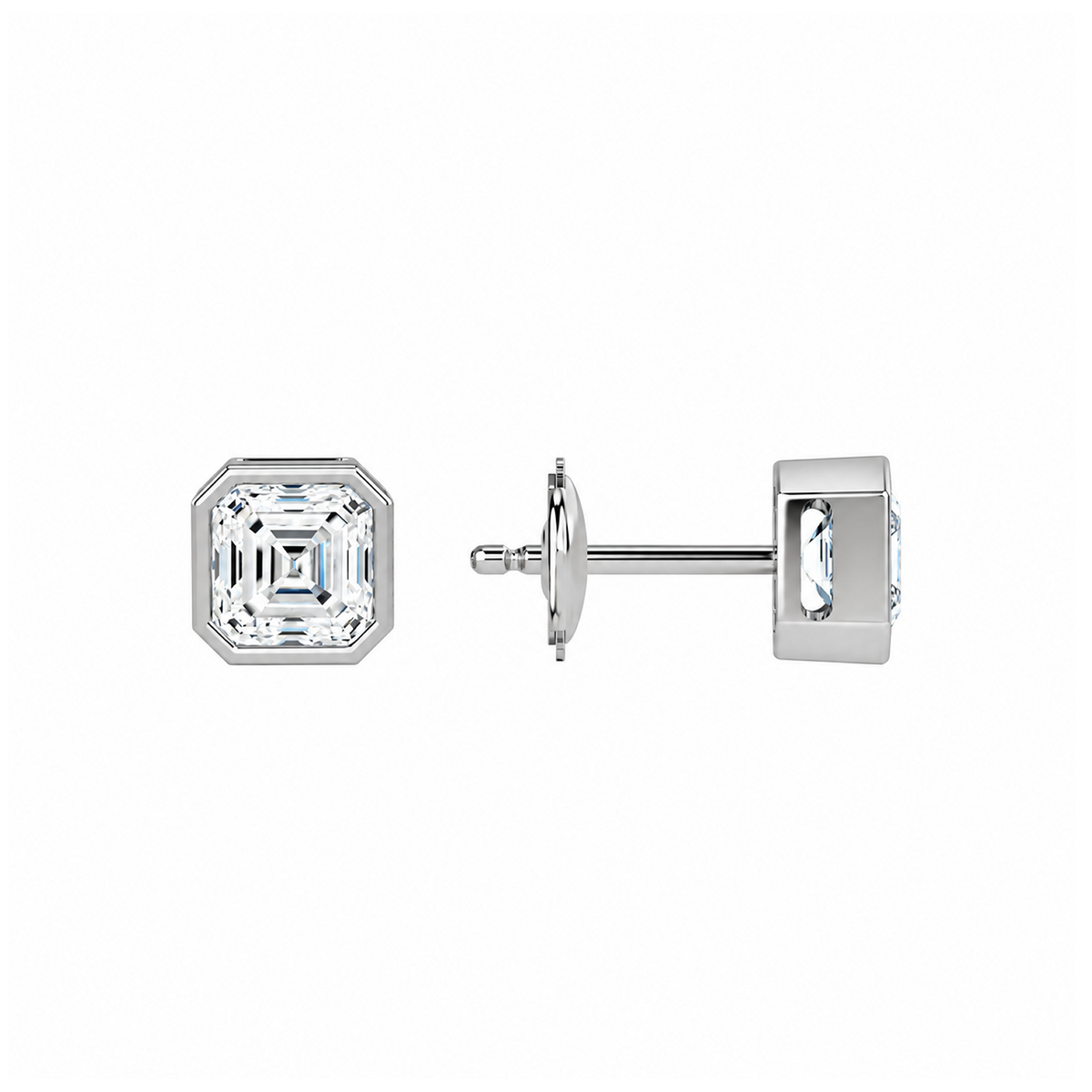 Jolie Asscher Bezel Solitaire Lab-Grown Diamond Stud Earrings in 18K White Gold, alternate product view