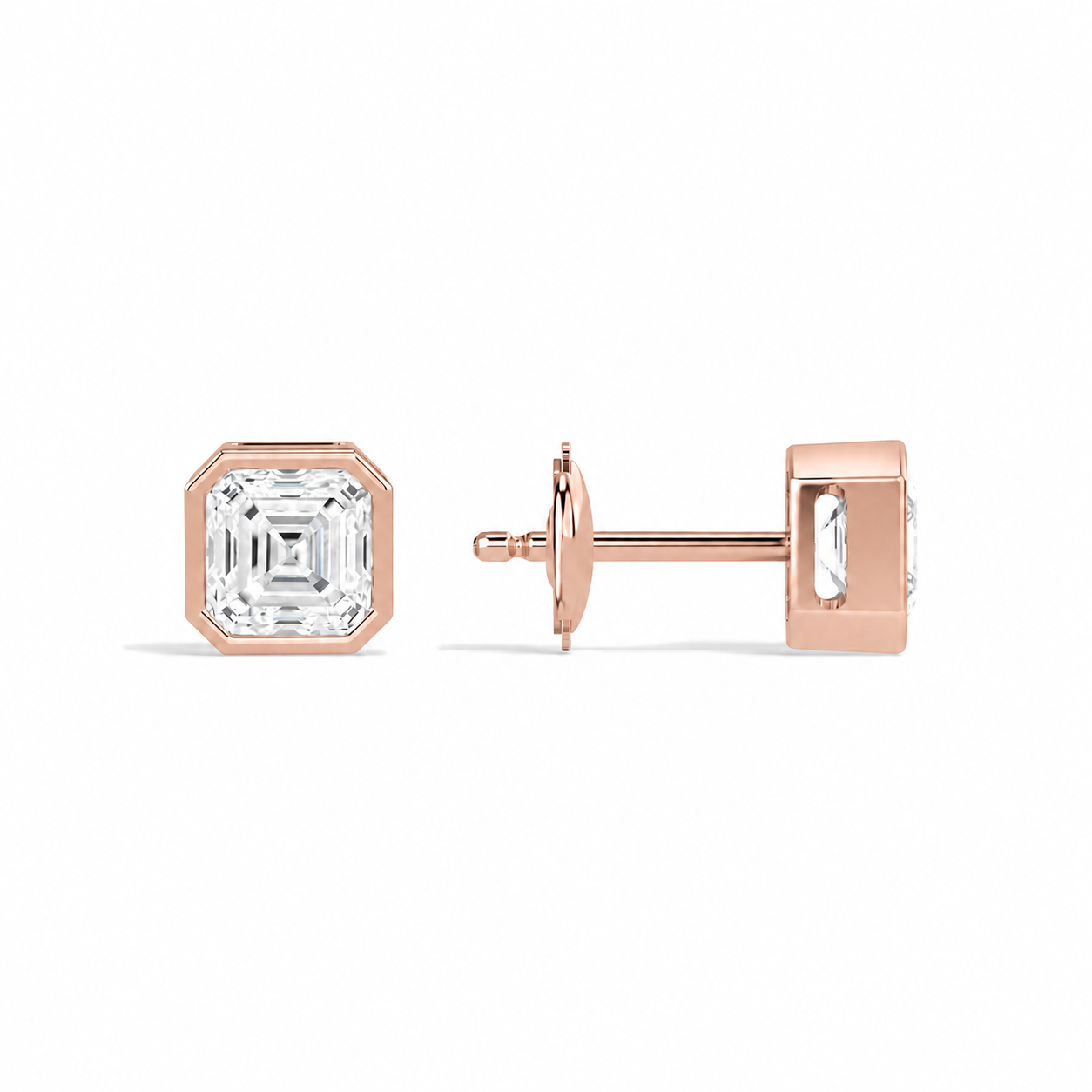 Jolie Asscher Bezel Solitaire Diamond Stud Earrings in 14K Rose Gold second product view