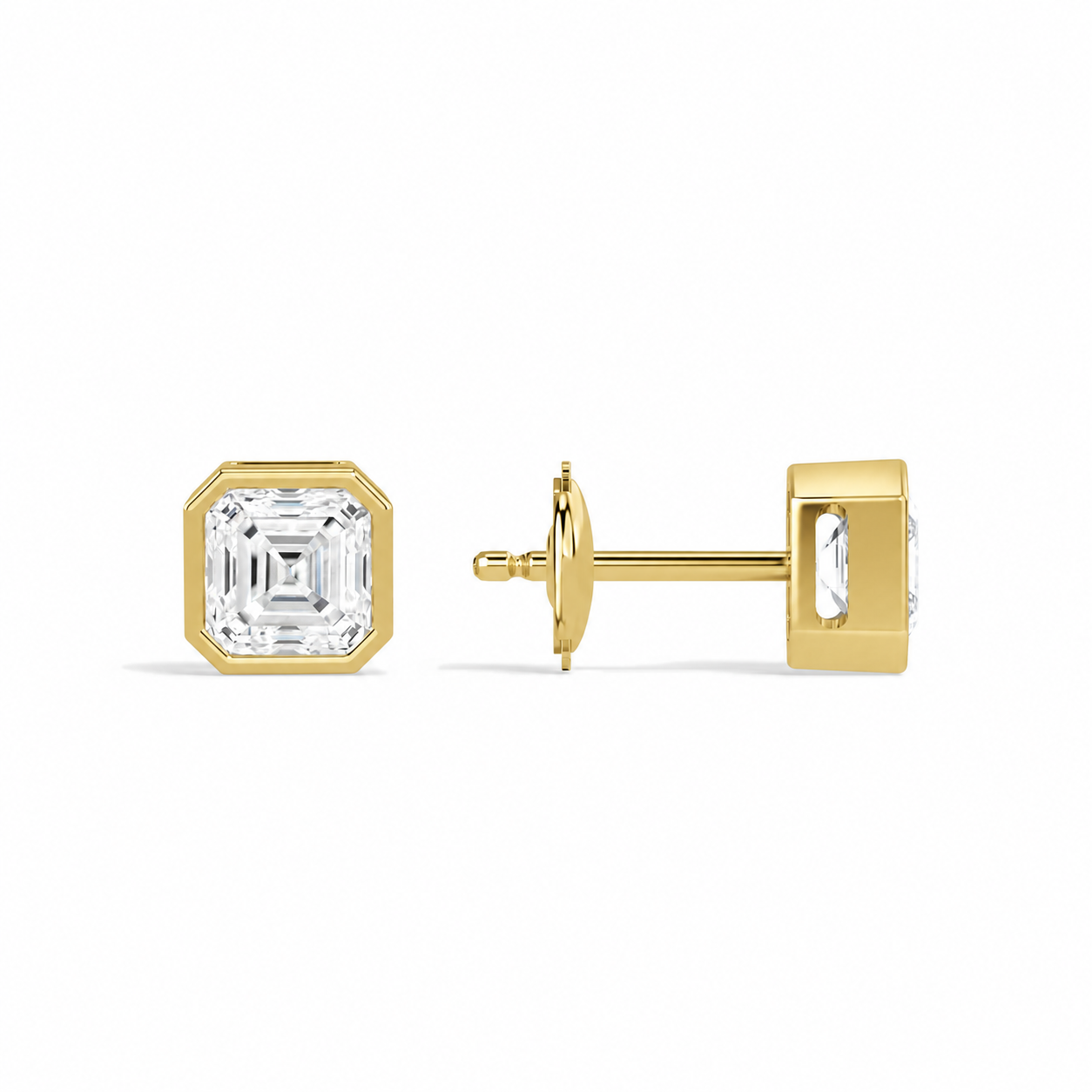 Jolie Asscher Bezel Solitaire Diamond Stud Earrings in 18K Yellow Gold second product view