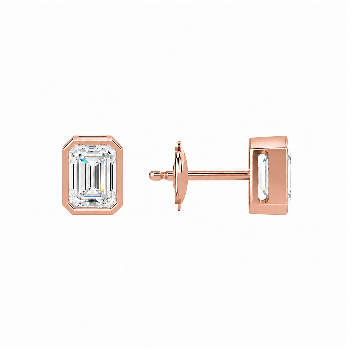 Jolie Emerald Bezel Solitaire Lab-Grown Diamond Stud Earrings in 14K Rose Gold, alternate product view