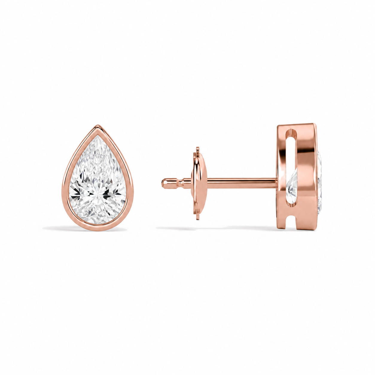 Jolie Pear Bezel Solitaire Diamond Stud Earrings in 14K Rose Gold second product view