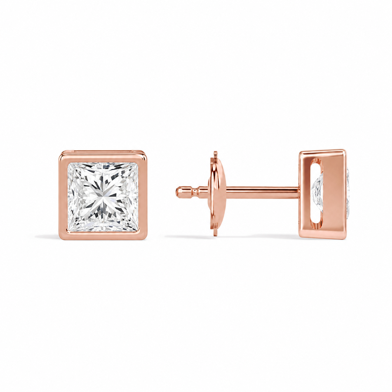 Jolie Princess Bezel Solitaire Diamond Stud Earrings in 14K Rose Gold second product view