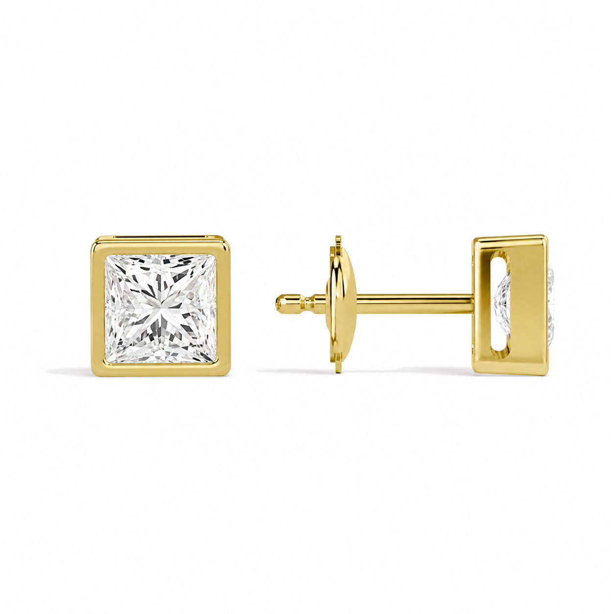 Jolie Princess Bezel Solitaire Diamond Stud Earrings in 14K Yellow Gold second product view