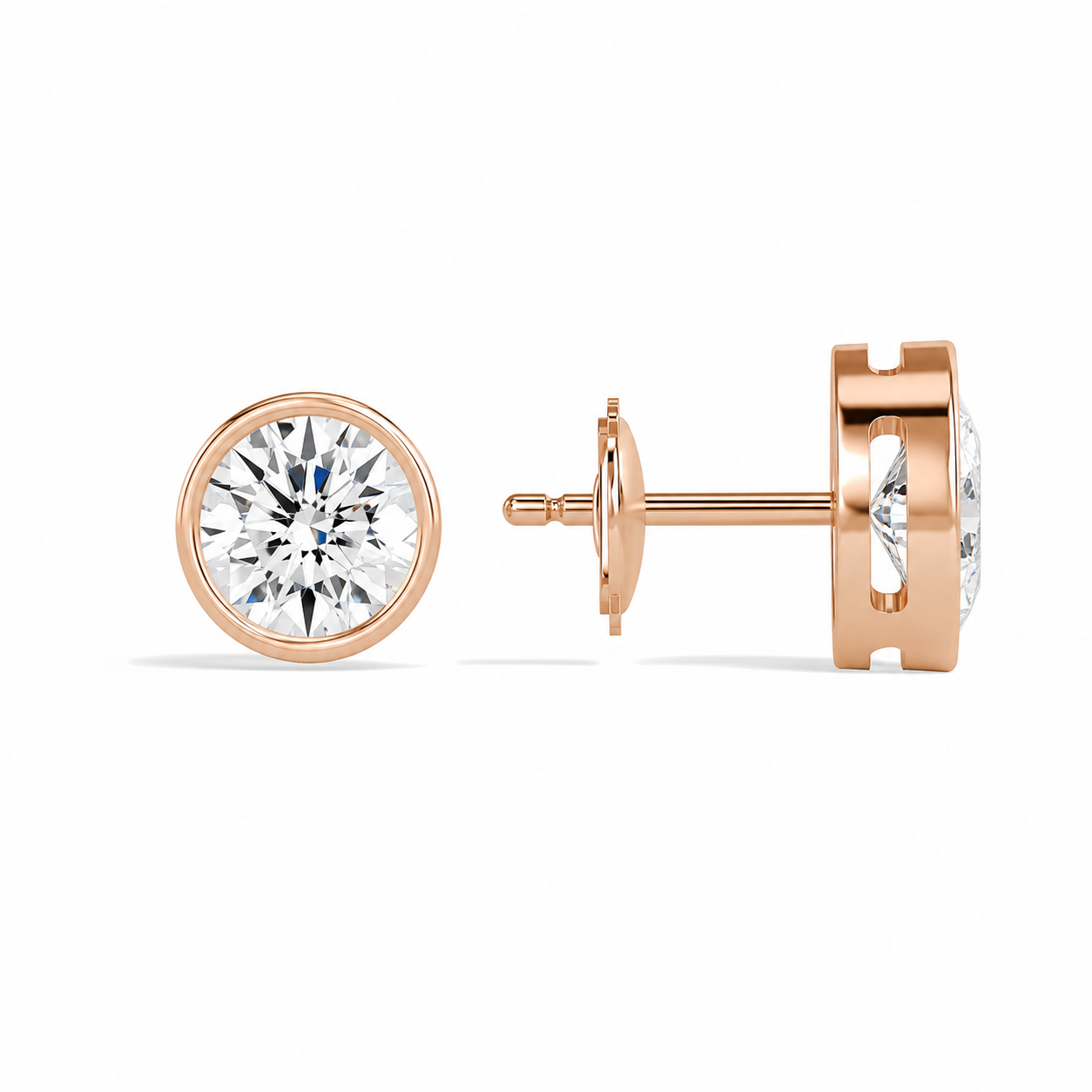 Jolie Round Bezel Solitaire Diamond Stud Earrings in 14K Rose Gold second product view