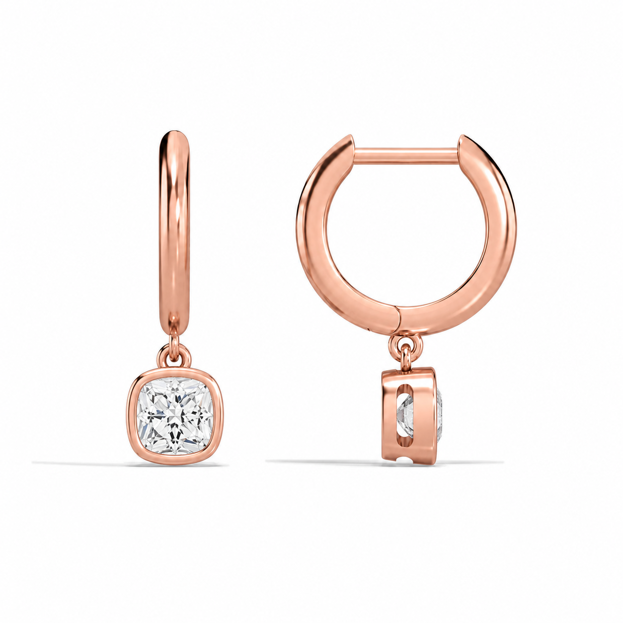 Giselle Cushion Bezel Drop Huggie Hoop Diamond Earrings in 14K Rose Gold second product view