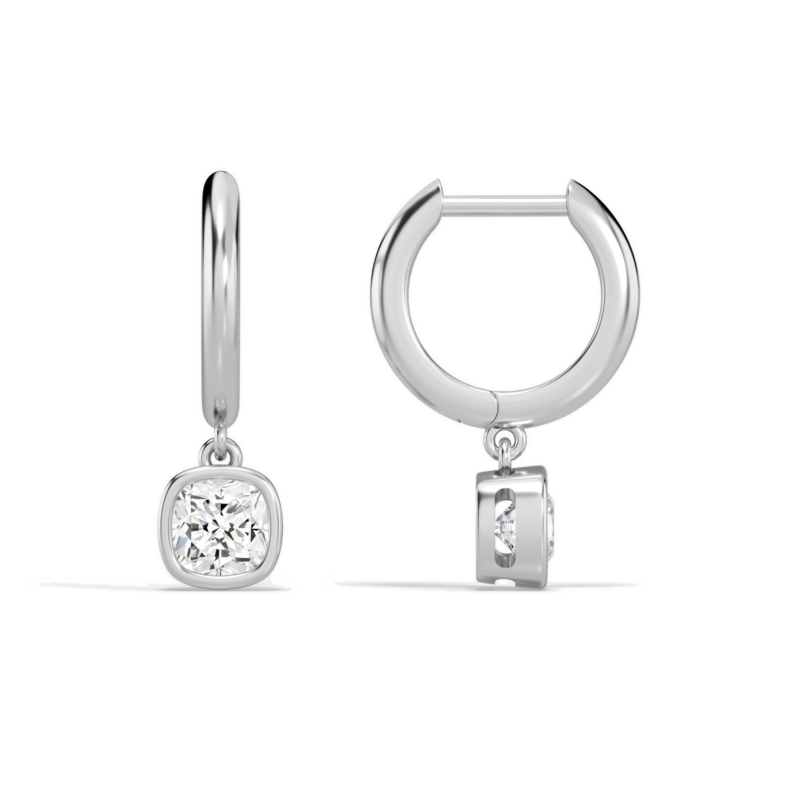 Giselle Cushion Bezel Drop Huggie Hoop Diamond Earrings in Platinum second product view