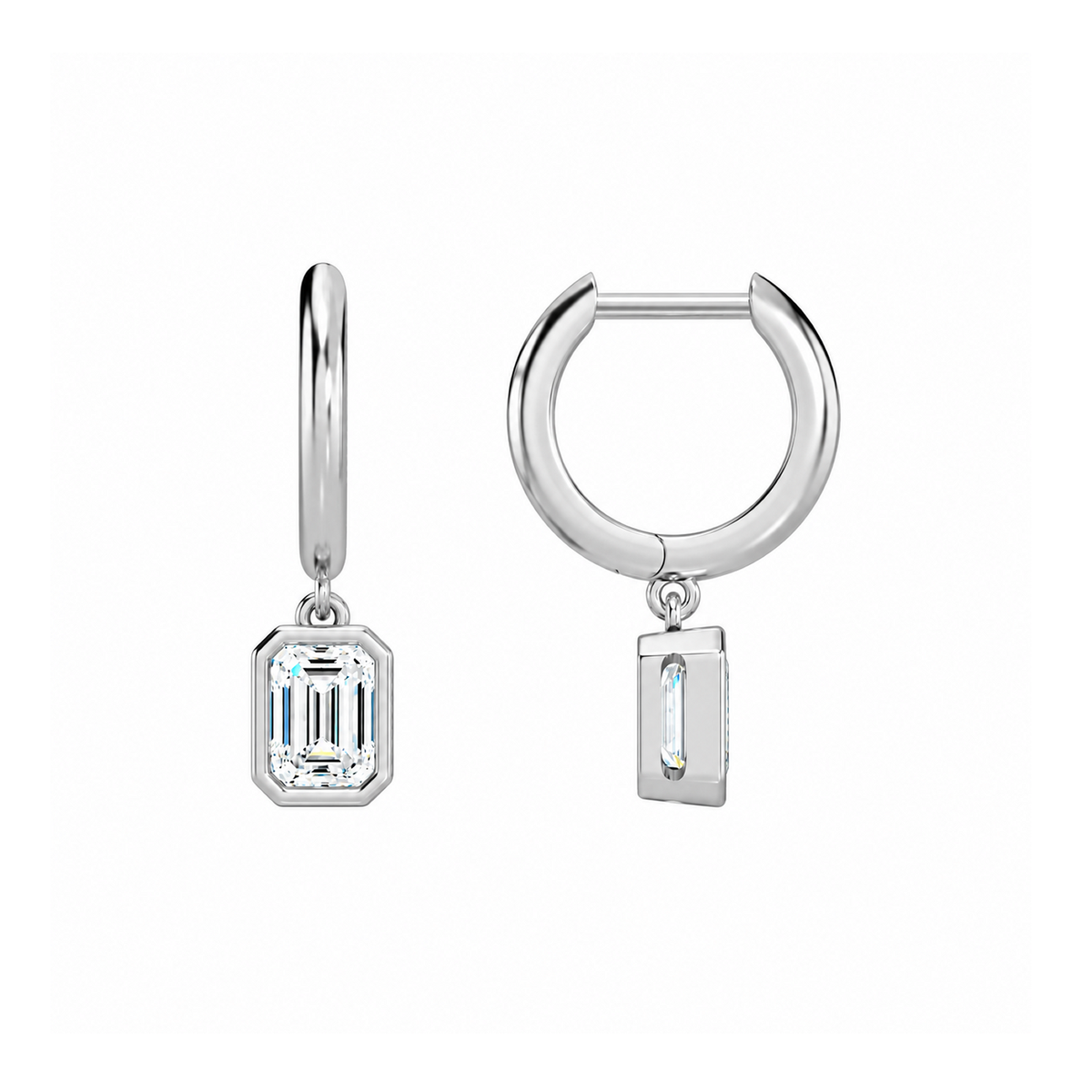 Giselle Emerald Bezel Drop Huggie Hoop Lab-Grown Diamond Earrings in 18K White Gold, alternate product view