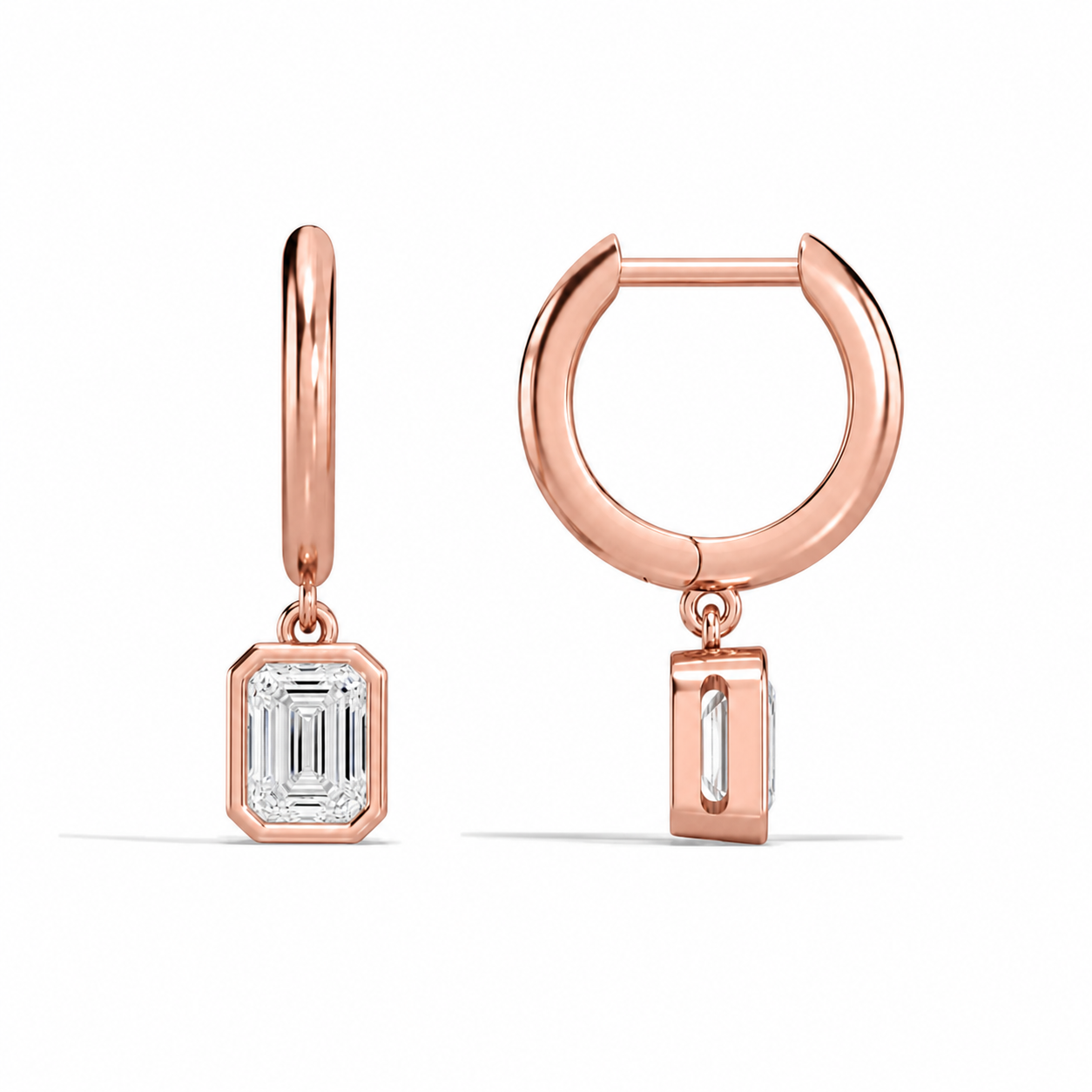 Giselle Emerald Bezel Drop Huggie Hoop Diamond Earrings in 14K Rose Gold second product view