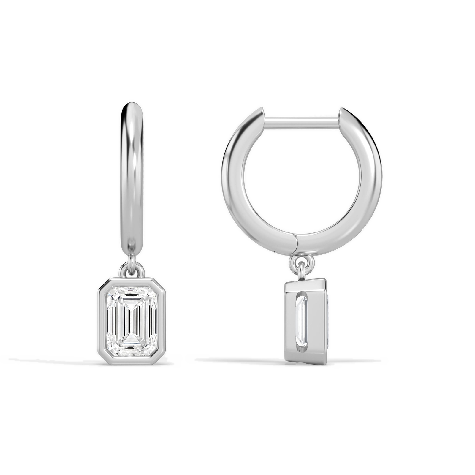 Giselle Emerald Bezel Drop Huggie Hoop Diamond Earrings in Platinum second product view