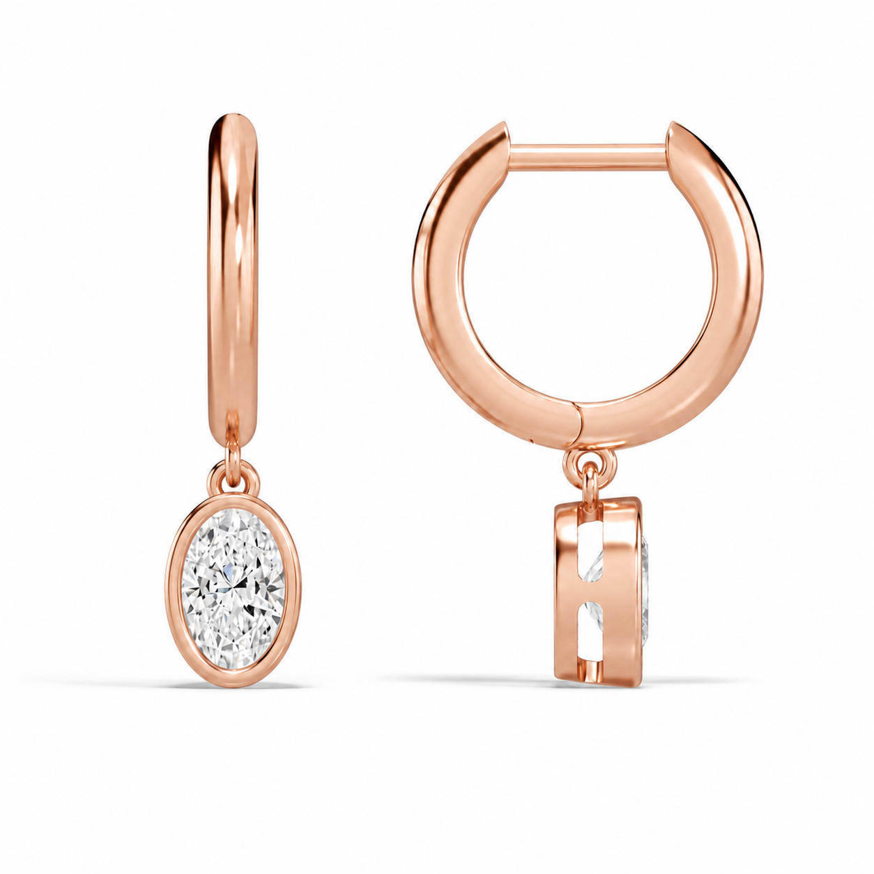 Giselle Oval Bezel Drop Huggie Hoop Diamond Earrings in 14K Rose Gold second product view