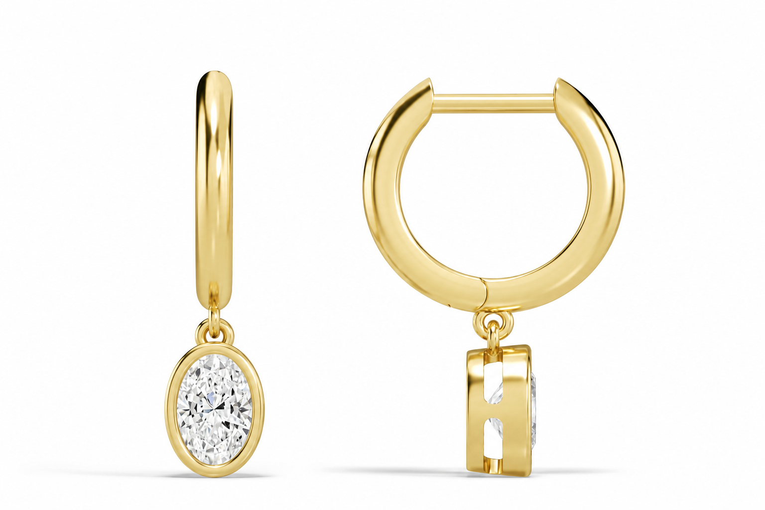 Giselle Oval Bezel Drop Huggie Hoop Diamond Earrings in 14K Yellow Gold second product view