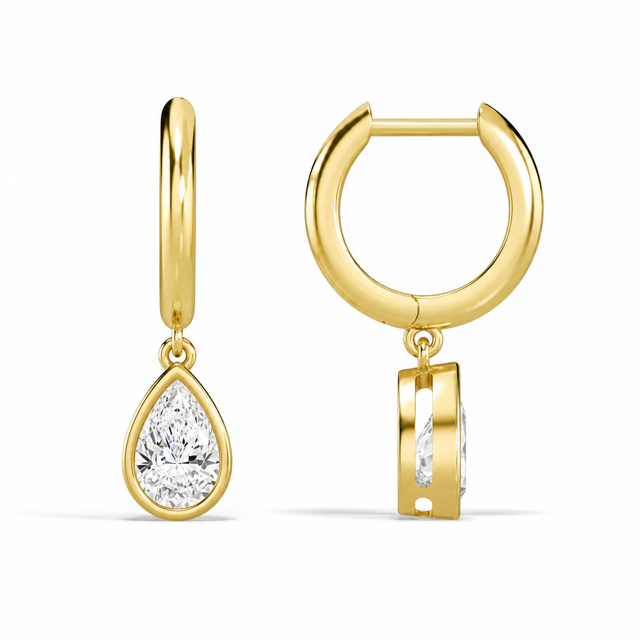 Giselle Pear Bezel Drop Huggie Hoop Diamond Earrings in 18K Yellow Gold second product view