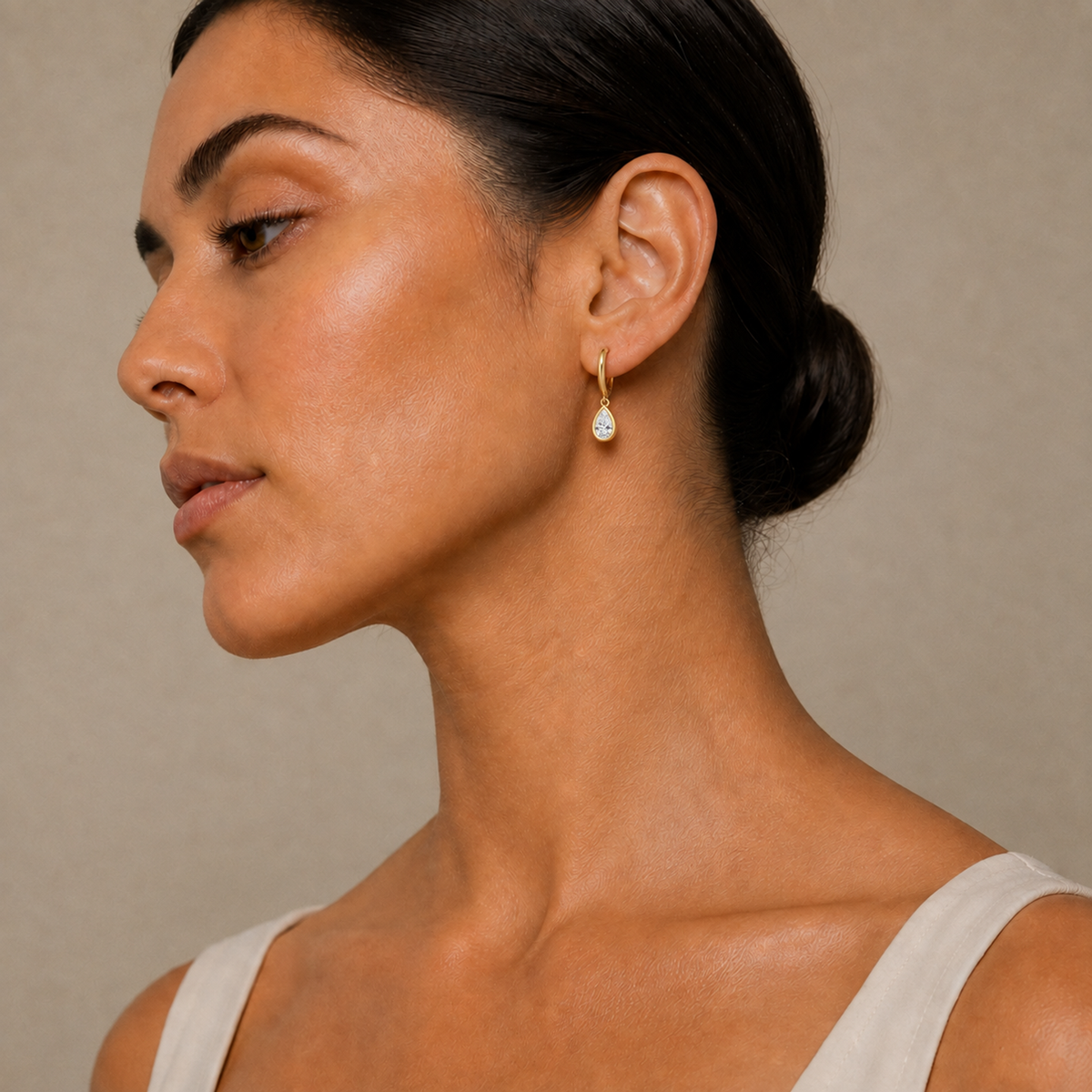 Giselle Pear Bezel Drop Huggie Hoop Lab-Grown Diamond Earrings in 14K Yellow Gold, worn on ear