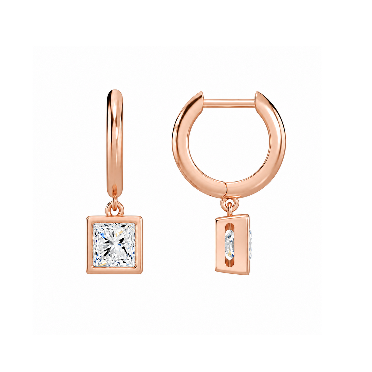 Giselle Princess Bezel Drop Huggie Hoop Lab-Grown Diamond Earrings in 14K Rose Gold, alternate product view