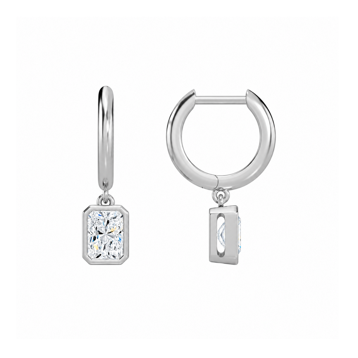 Giselle Radiant Bezel Drop Huggie Hoop Lab-Grown Diamond Earrings in 14K White Gold, alternate product view