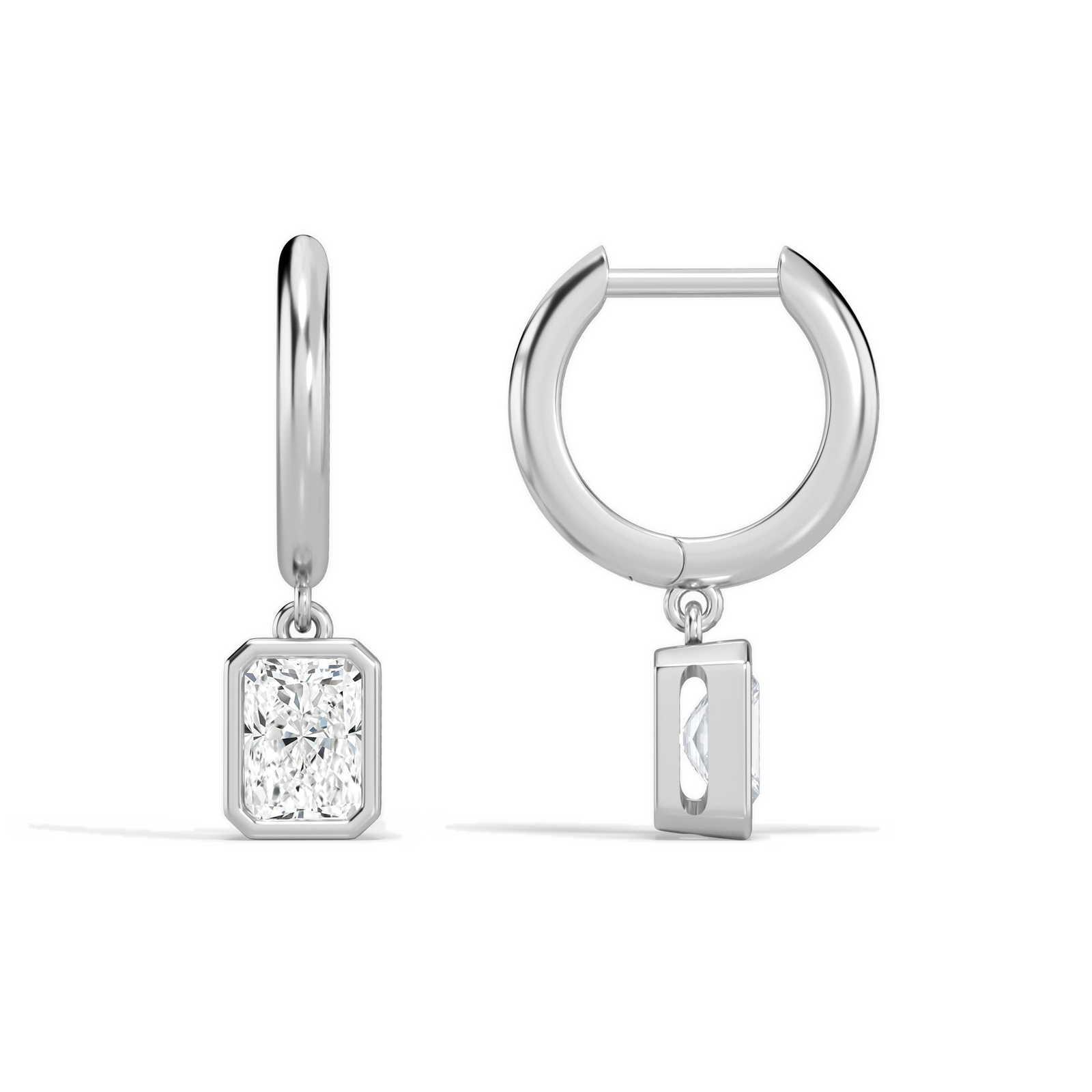 Giselle Radiant Bezel Drop Huggie Hoop Diamond Earrings in 18K White Gold second product view
