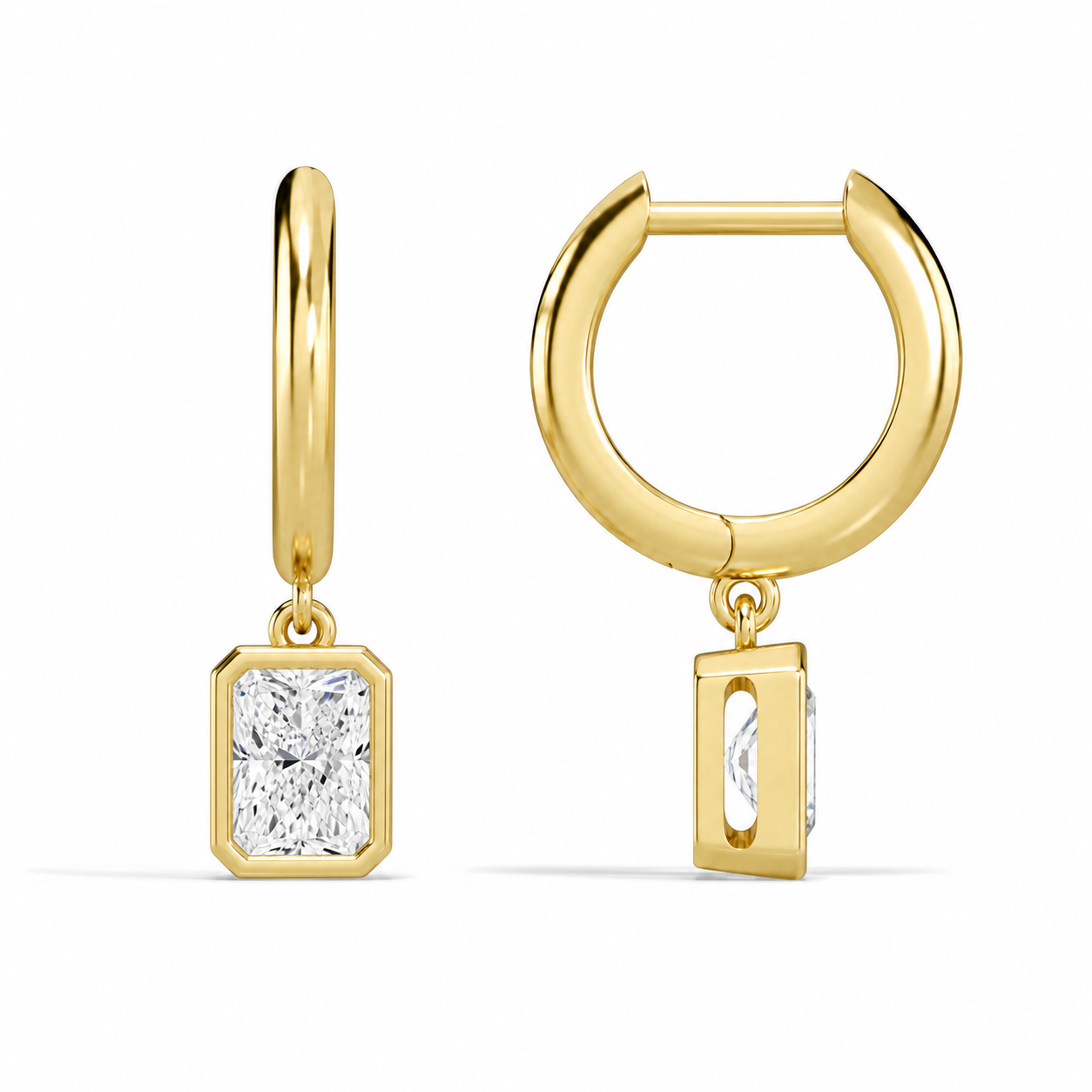 Giselle Radiant Bezel Drop Huggie Hoop Diamond Earrings in 18K Yellow Gold second product view