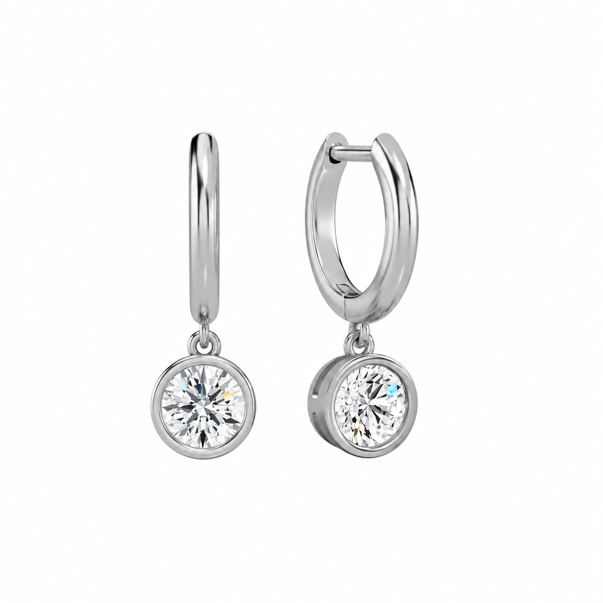 Giselle Round Bezel Drop Huggie Hoop Lab-Grown Diamond Earrings in 14K White Gold, front view
