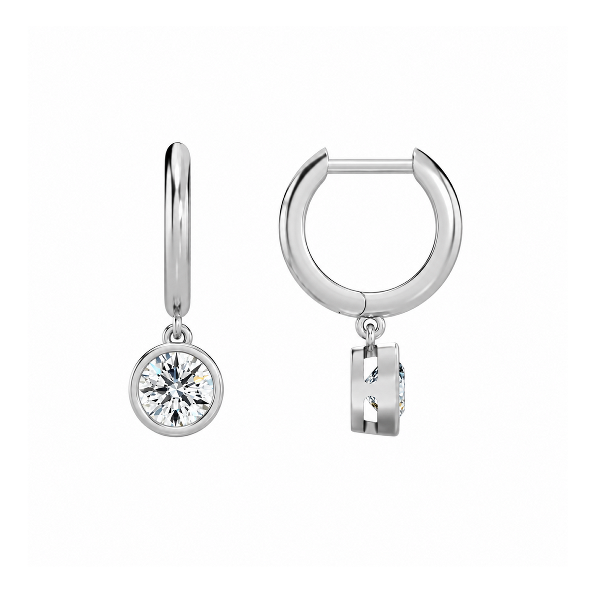 Giselle Round Bezel Drop Huggie Hoop Lab-Grown Diamond Earrings in 18K White Gold, alternate product view