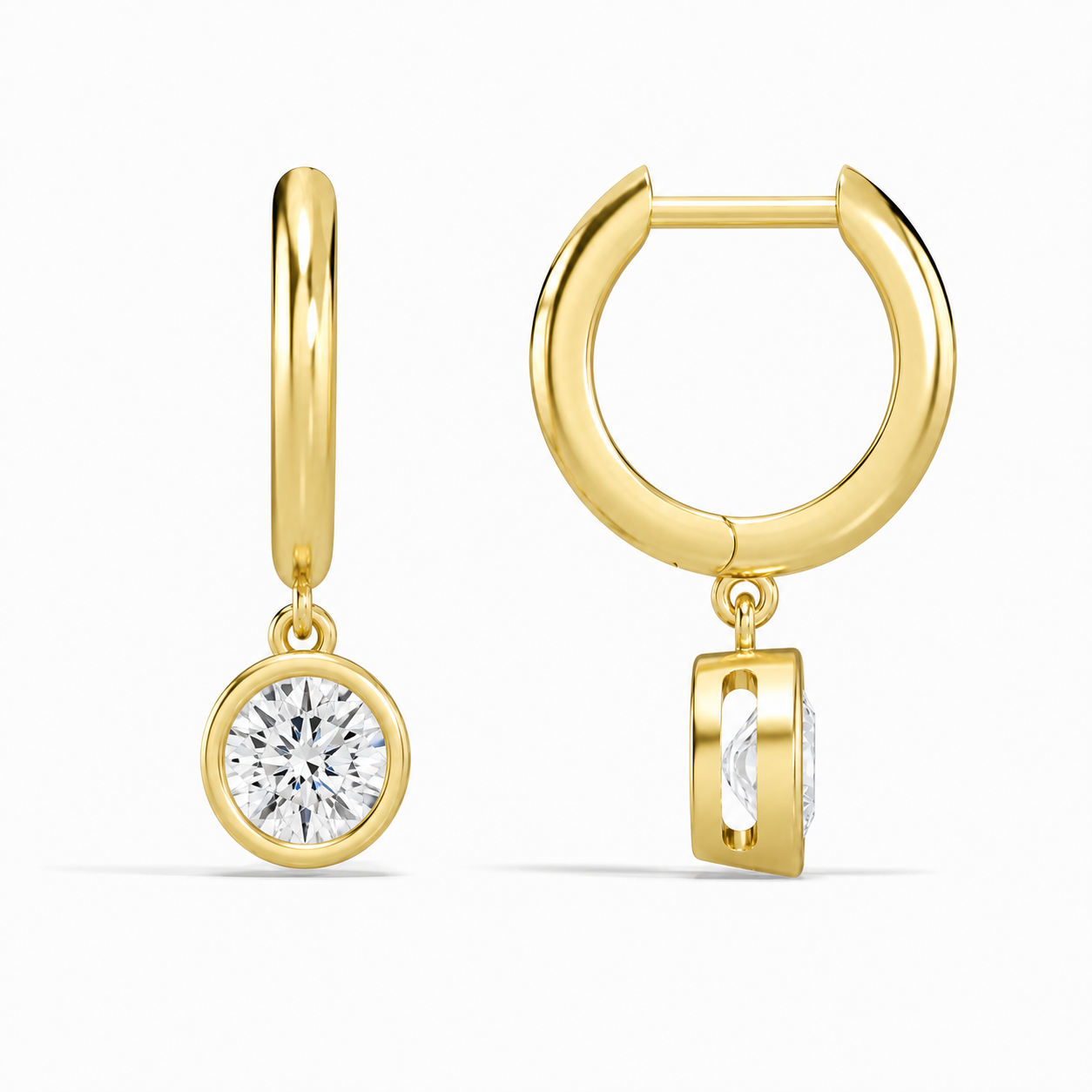Giselle Round Bezel Drop Huggie Hoop Diamond Earrings in 14K Yellow Gold second product view