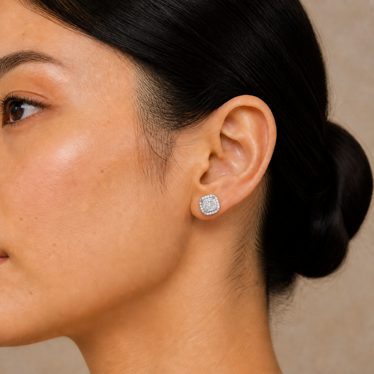 Seren Cushion Halo Lab-Grown Diamond Stud Earrings in 14K White Gold, worn on ear