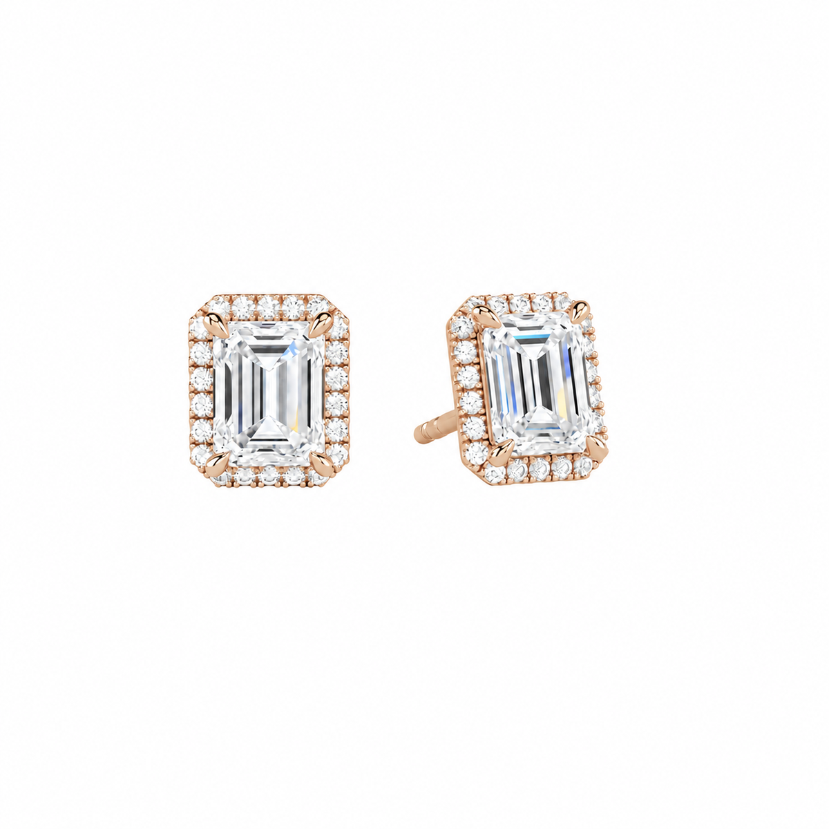 Seren Emerald Halo Lab-Grown Diamond Stud Earrings in 14K Rose Gold, front view