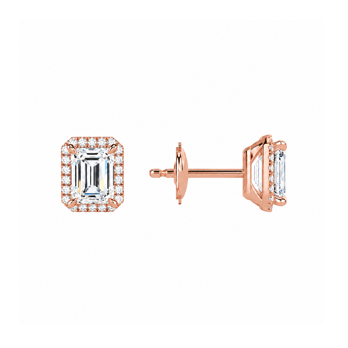Seren Emerald Halo Lab-Grown Diamond Stud Earrings in 14K Rose Gold, alternate product view
