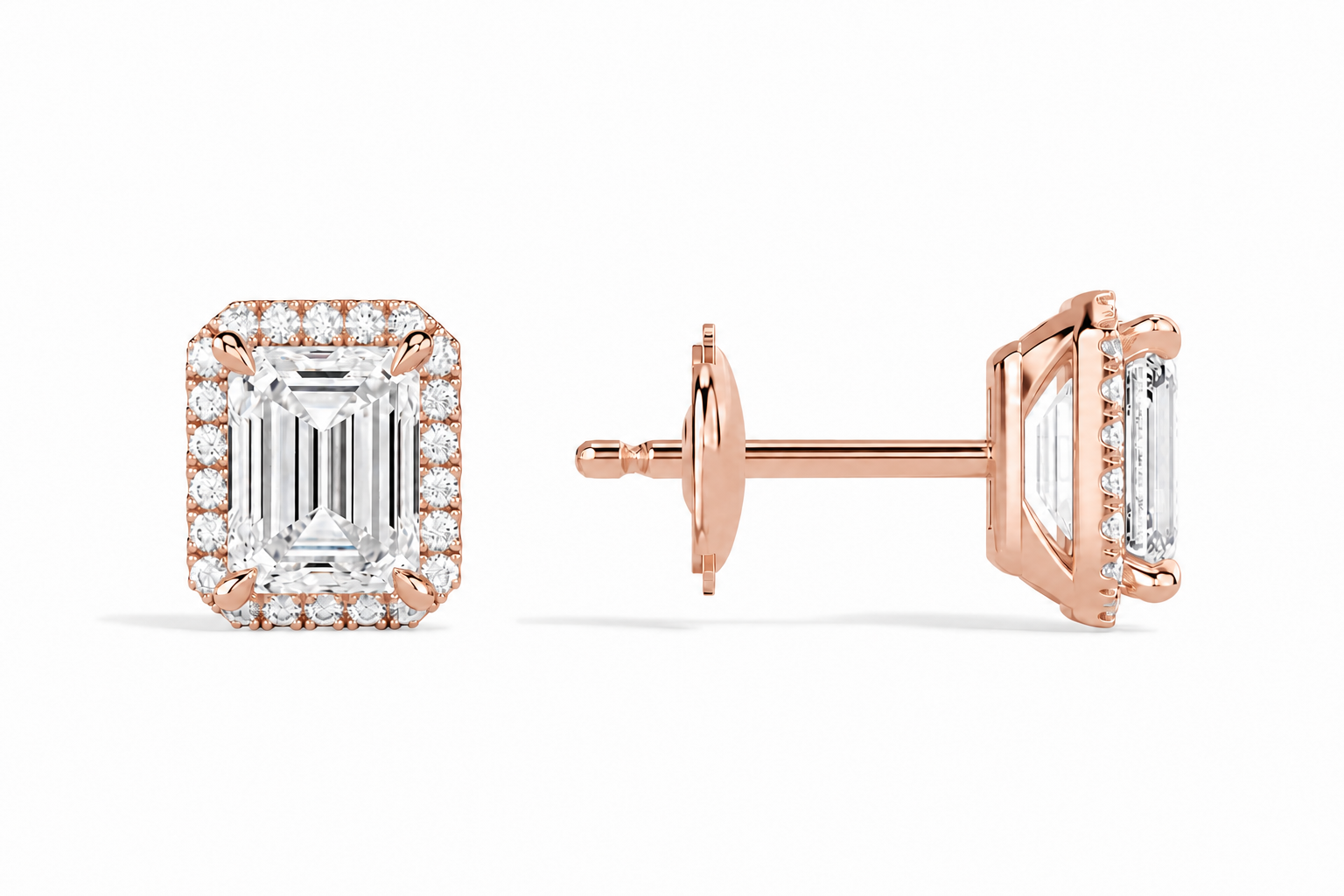 Seren Emerald Halo Diamond Stud Earrings in 14K Rose Gold second product view