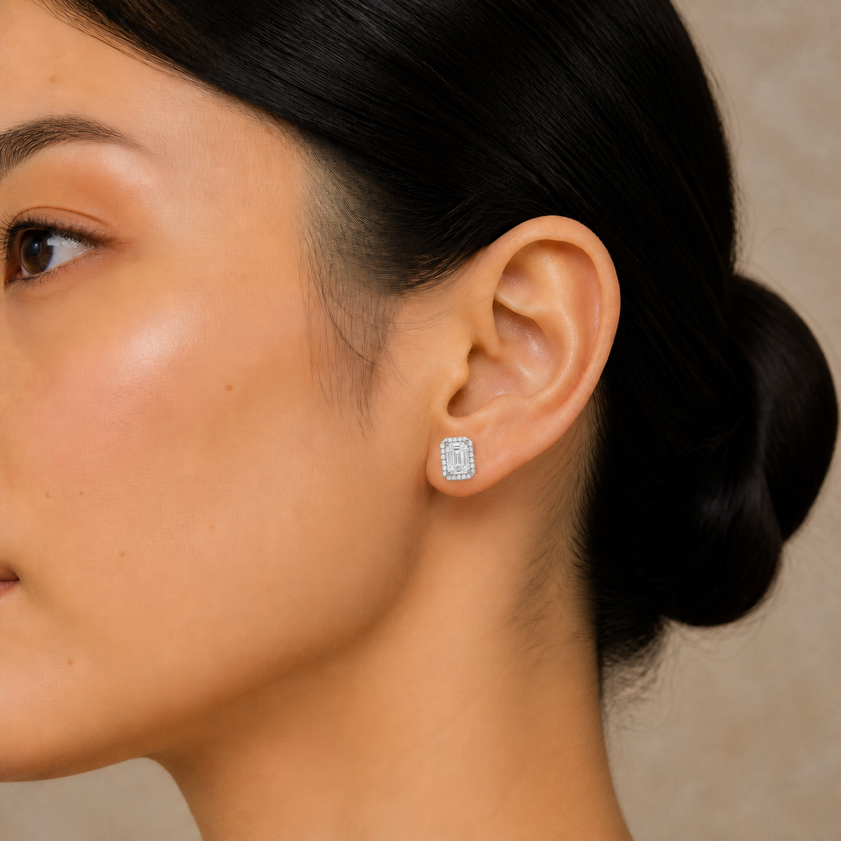 Seren Emerald Halo Lab-Grown Diamond Stud Earrings in 14K White Gold, worn on ear