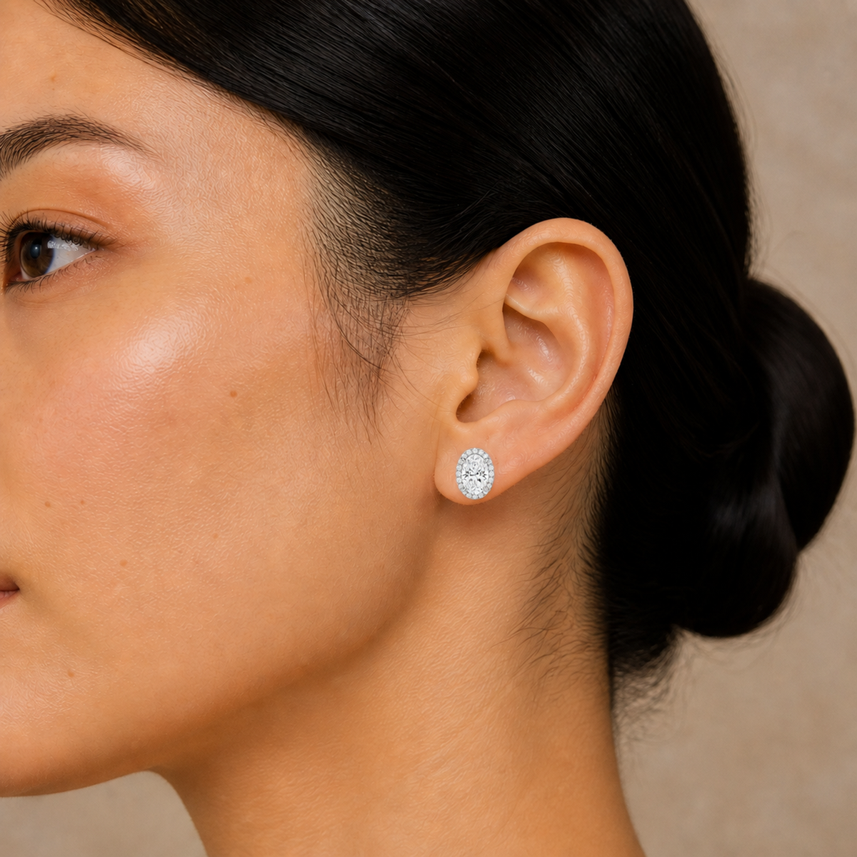 Seren Oval Halo Lab-Grown Diamond Stud Earrings in 14K White Gold, worn on ear