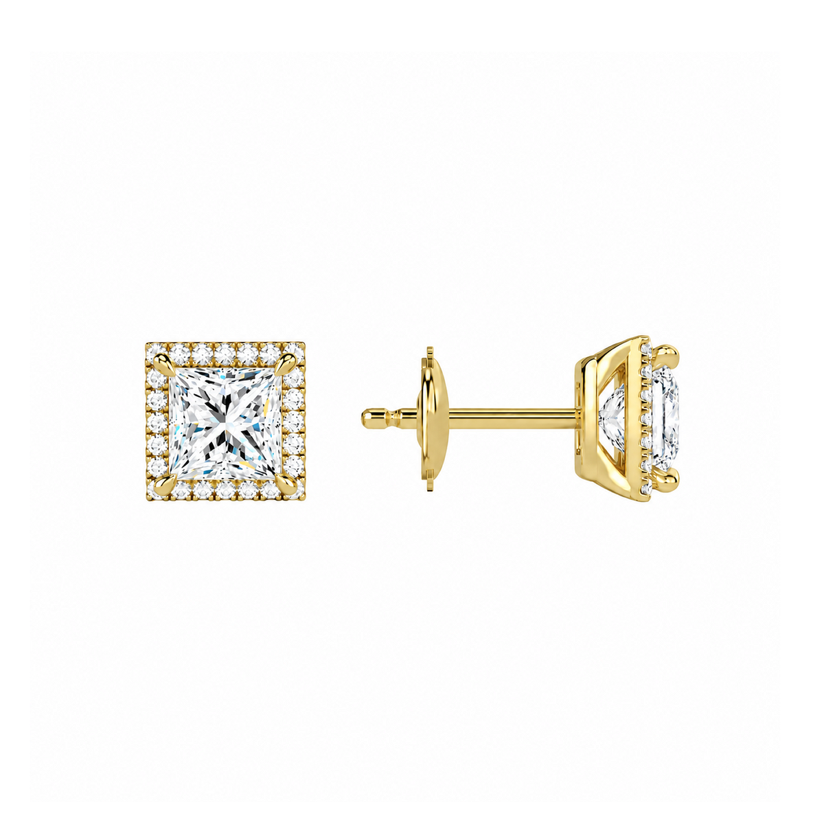 Seren Princess Halo Lab-Grown Diamond Stud Earrings in 18K Yellow Gold, alternate product view