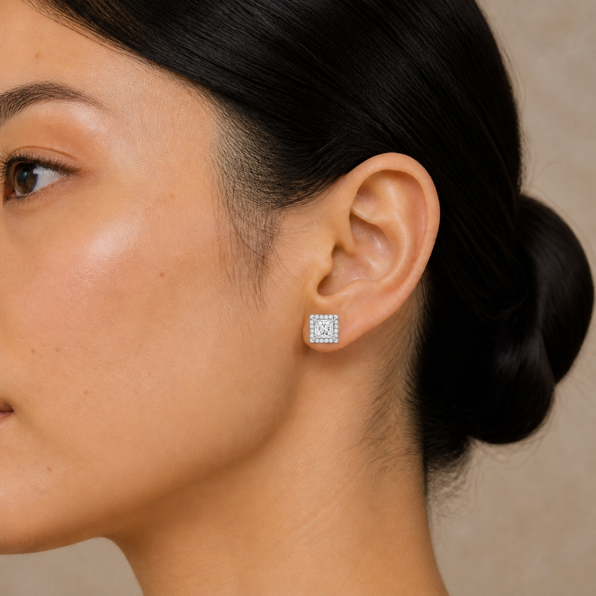 Seren Princess Halo Lab-Grown Diamond Stud Earrings in Platinum, worn on ear