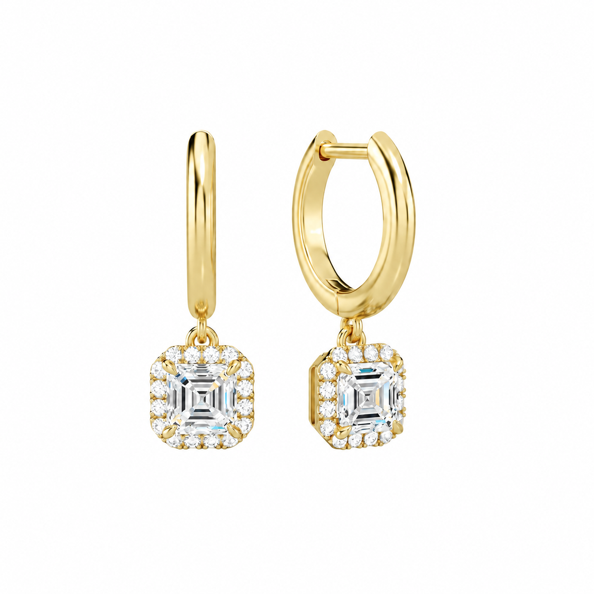 Allegra Asscher Halo Drop Huggie Hoop Lab-Grown Diamond Earrings in 18K Yellow Gold, front view