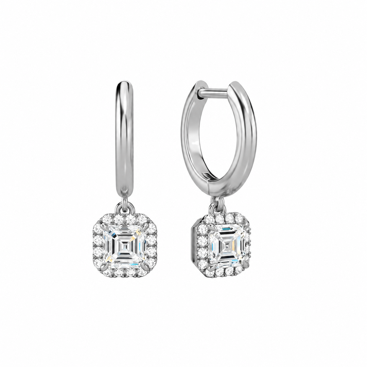Allegra Asscher Halo Drop Huggie Hoop Lab-Grown Diamond Earrings in Platinum, front view
