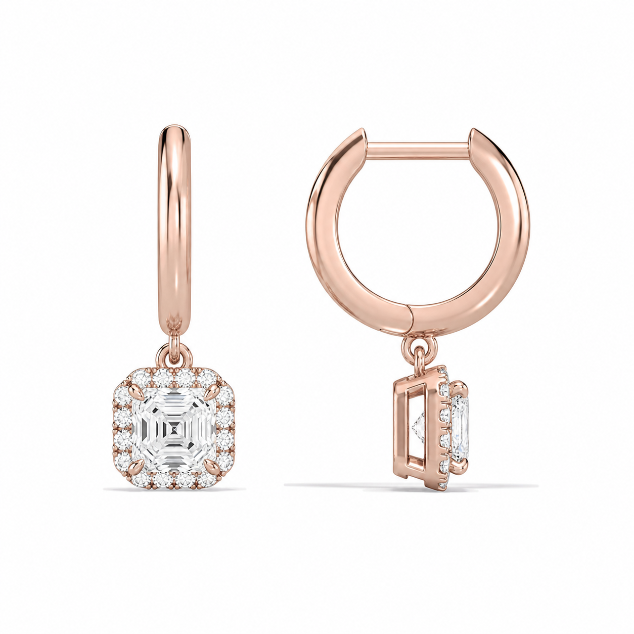 Allegra Asscher Halo Drop Huggie Hoop Diamond Earrings in 14K Rose Gold second product view