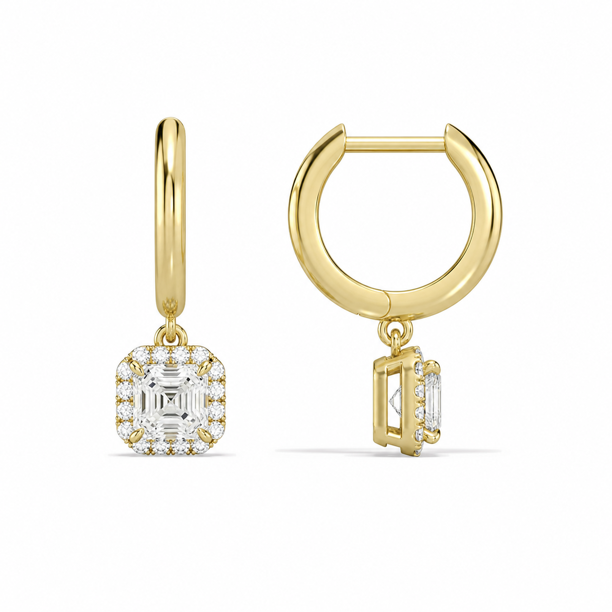 Allegra Asscher Halo Drop Huggie Hoop Diamond Earrings in 14K Yellow Gold second product view